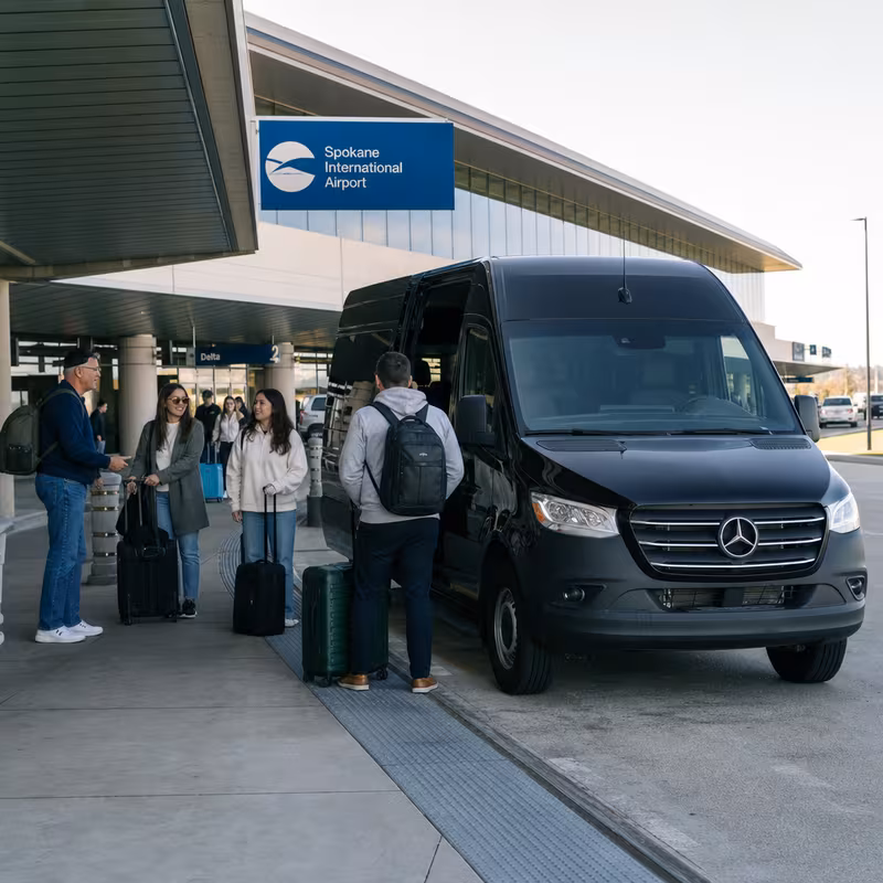 Group boarding a white charter bus for Airport Transportation transportation in Spokane