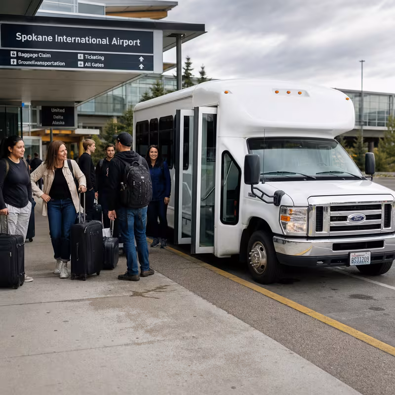 Black Mercedes Sprinter van staged for an Spokane Airport Transportation group