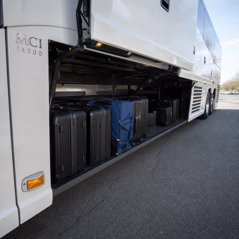 Party bus interior with wraparound leather seating and LED lighting in Spokane