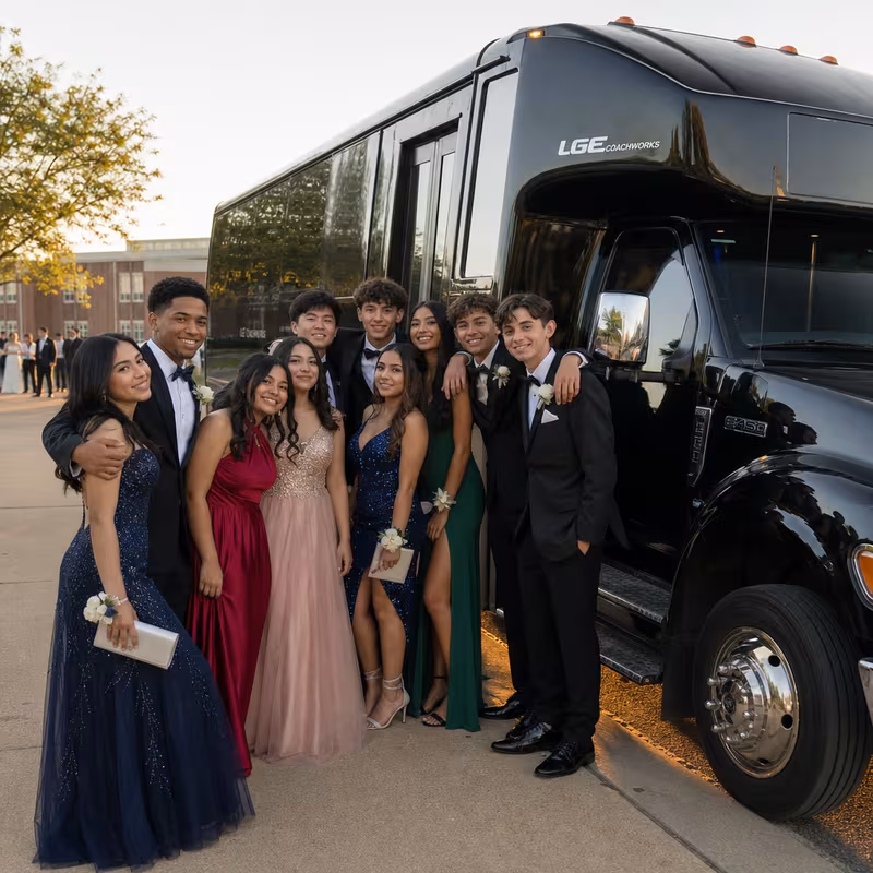 Group boarding a white charter bus for Prom & Homecoming Transportation transportation in Spokane