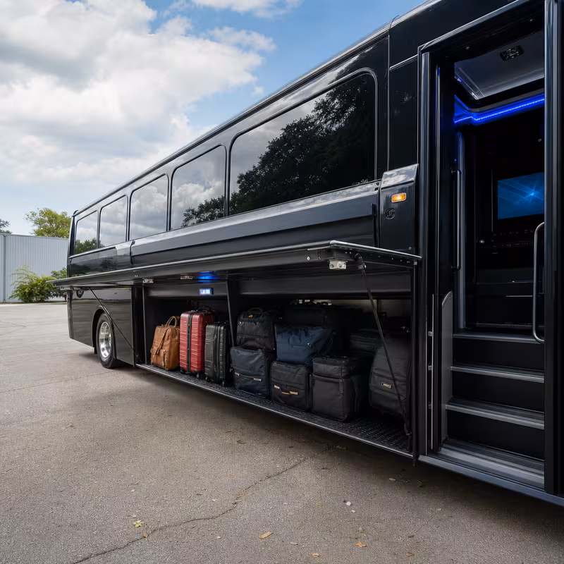 Party bus interior with wraparound leather seating and LED lighting in Spokane