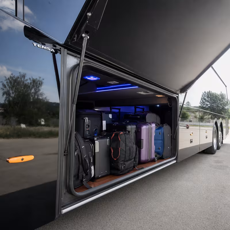 Party bus interior with wraparound leather seating and LED lighting in Spokane